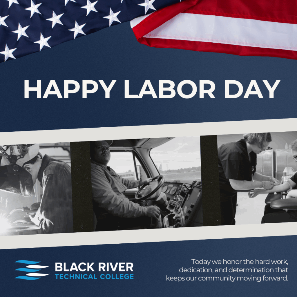 Happy Labor Day image with an American flag and people working