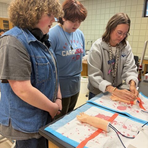 Pocahontas 8th grade students watch as phlebotomy instructor shows them how to draw blood.