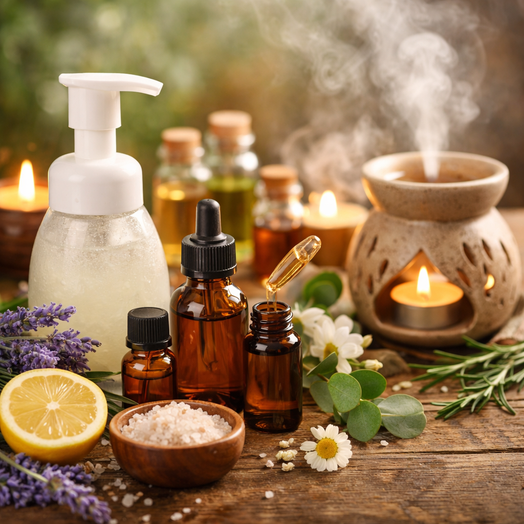 Aromatherapy essentials on rustic wood